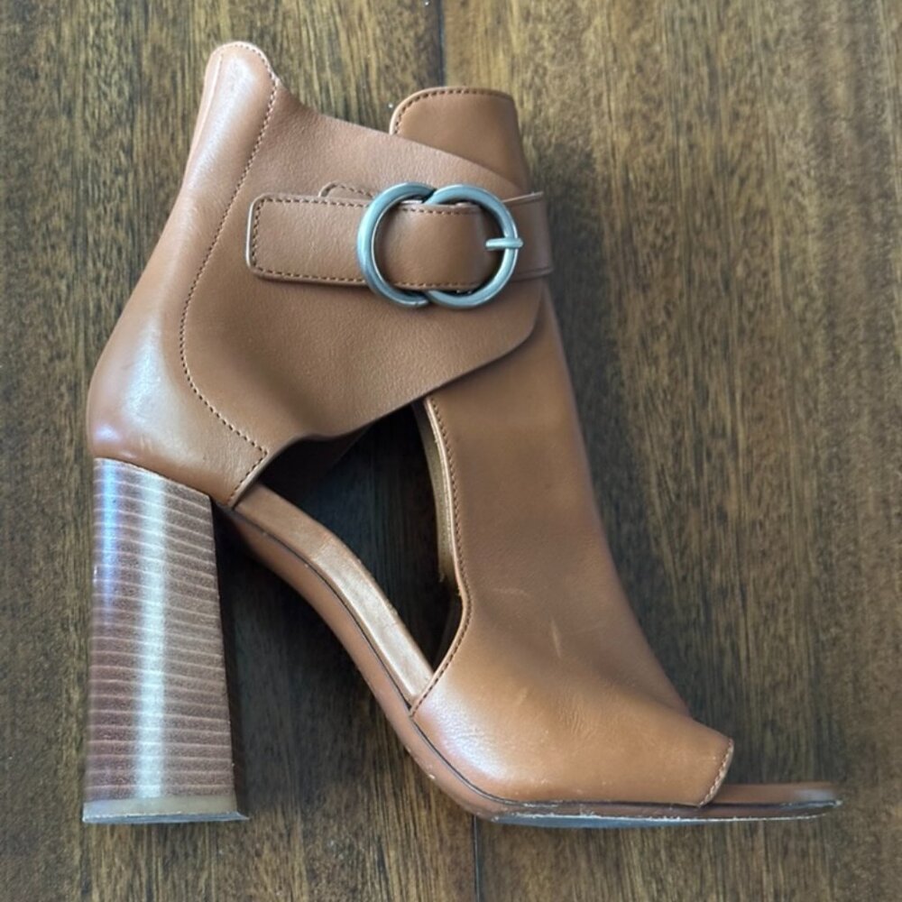 Chloe | Millie Peep Toe Bootie Tan Leather Heels Shoes View 3